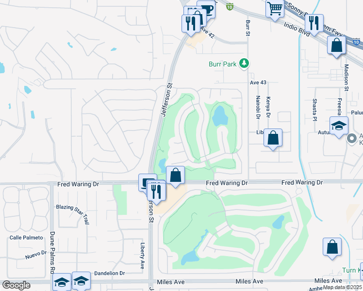map of restaurants, bars, coffee shops, grocery stores, and more near 80427 Dumphries Court in Indio
