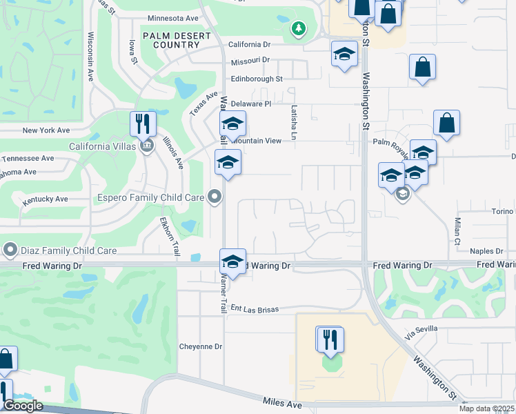 map of restaurants, bars, coffee shops, grocery stores, and more near 43570 Vía Majorca in Palm Desert
