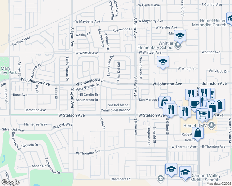 map of restaurants, bars, coffee shops, grocery stores, and more near 1116 Santa Maria Drive in Hemet