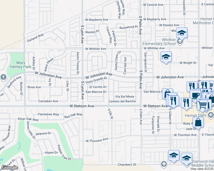 map of restaurants, bars, coffee shops, grocery stores, and more near 977 South Elk Street in Hemet
