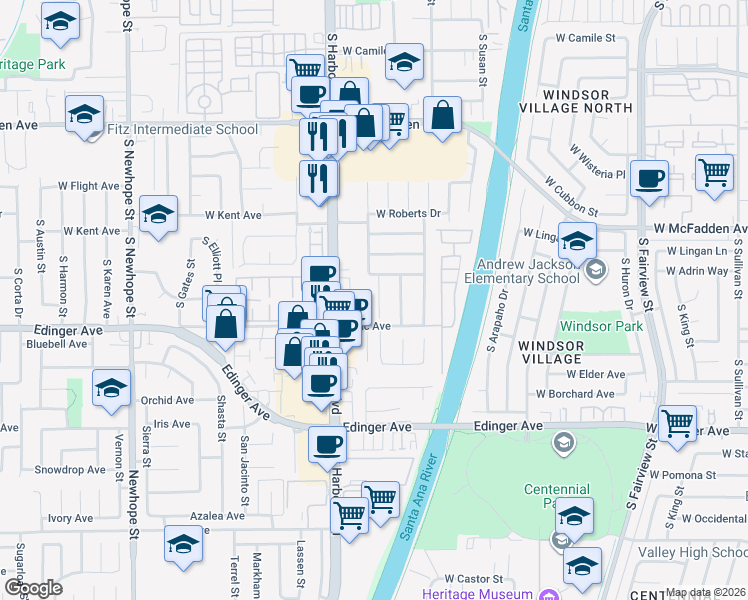 map of restaurants, bars, coffee shops, grocery stores, and more near 15951 Mount Mitchell Circle in Fountain Valley