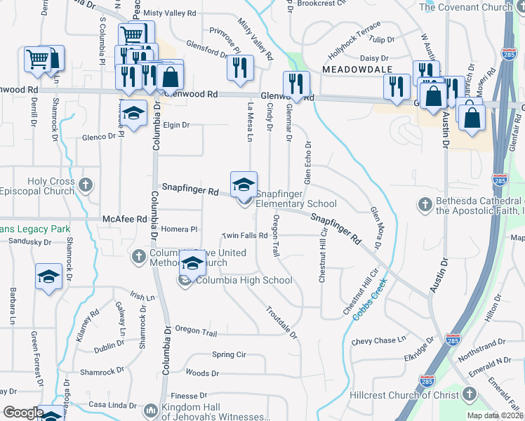 map of restaurants, bars, coffee shops, grocery stores, and more near in Candler-McAfee