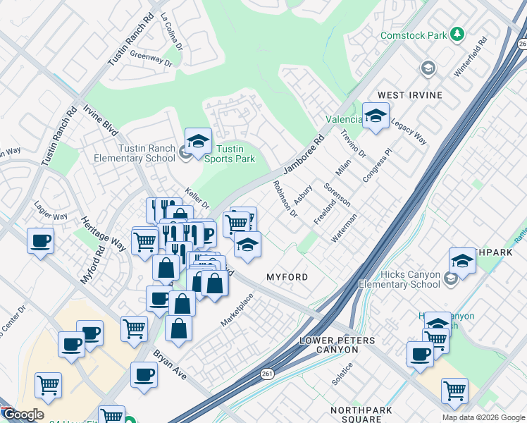 map of restaurants, bars, coffee shops, grocery stores, and more near 33 Meadow Glen in Irvine