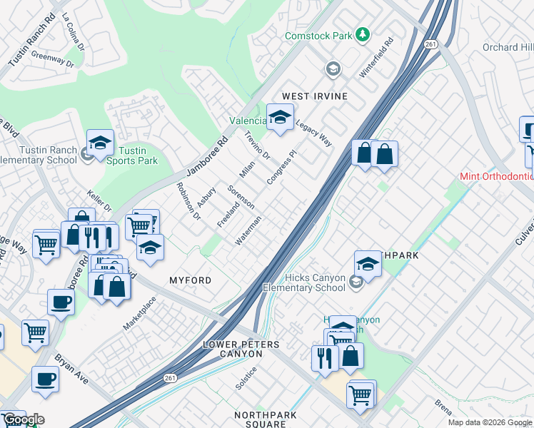 map of restaurants, bars, coffee shops, grocery stores, and more near 59 Sorenson in Irvine