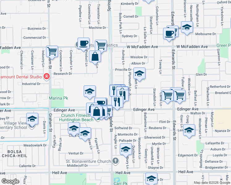 map of restaurants, bars, coffee shops, grocery stores, and more near 6061 Royalist Drive in Huntington Beach