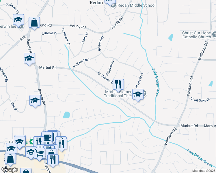map of restaurants, bars, coffee shops, grocery stores, and more near 5676 Marbut Road in Lithonia