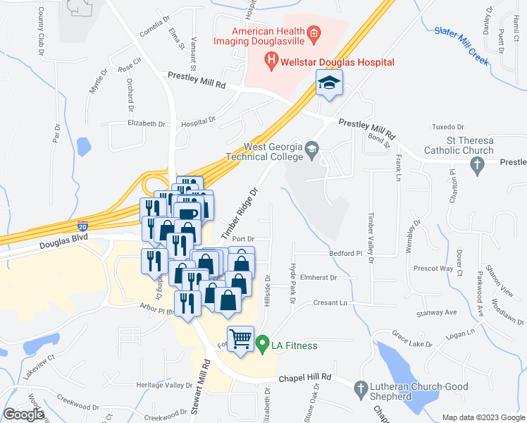 map of restaurants, bars, coffee shops, grocery stores, and more near 2685 Hillside Drive in Douglasville