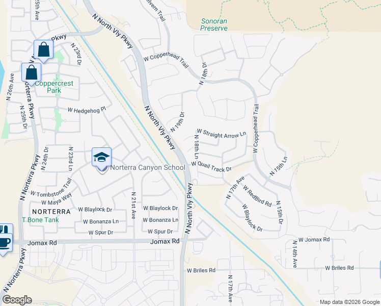 map of restaurants, bars, coffee shops, grocery stores, and more near 1845 West Buckhorn Trail in Phoenix