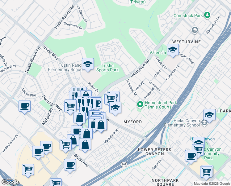 map of restaurants, bars, coffee shops, grocery stores, and more near 22 Kirkwood in Irvine