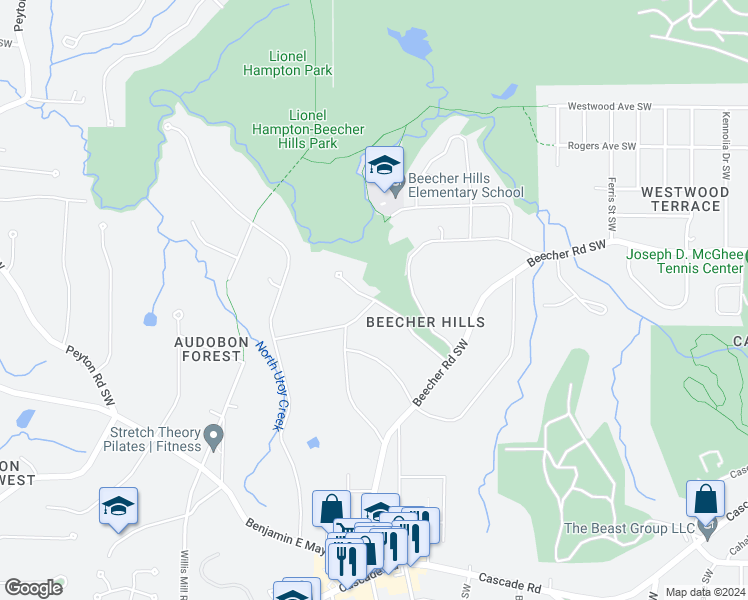 map of restaurants, bars, coffee shops, grocery stores, and more near 2119 Bollingbrook Drive Southwest in Atlanta