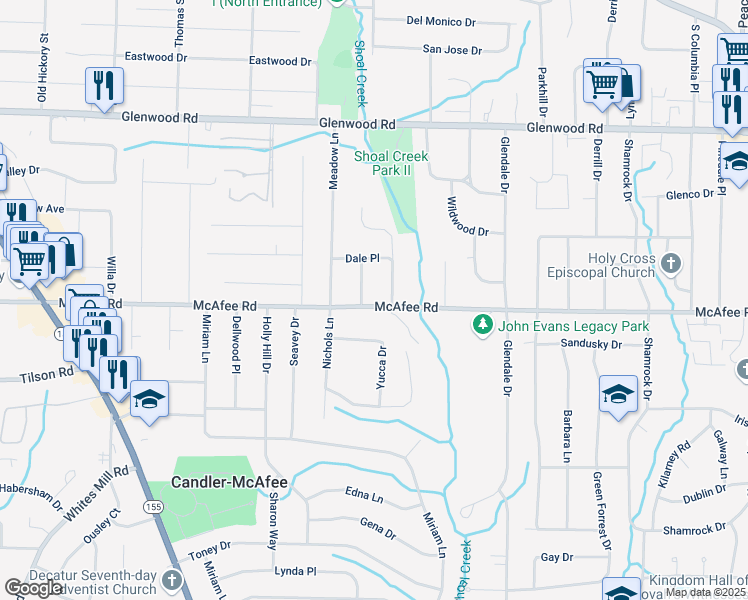 map of restaurants, bars, coffee shops, grocery stores, and more near 2952 McAfee Road in Decatur