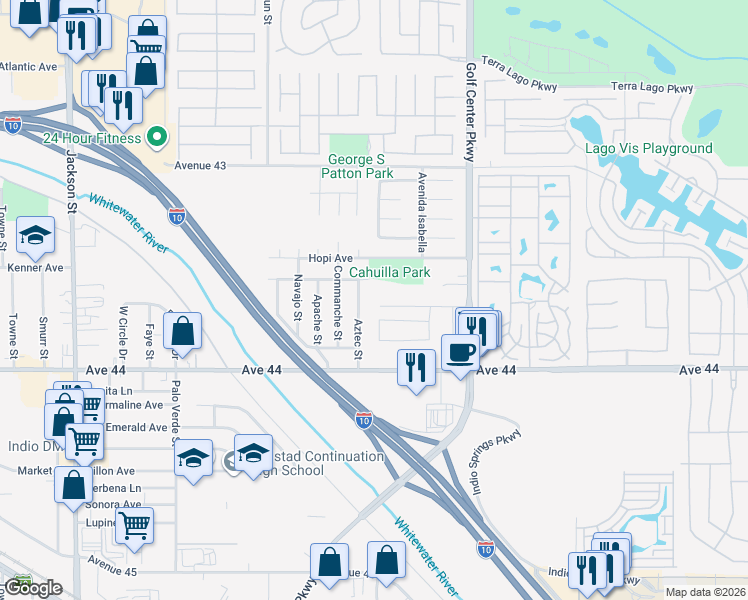 map of restaurants, bars, coffee shops, grocery stores, and more near 83764 Yosemite Drive in Indio