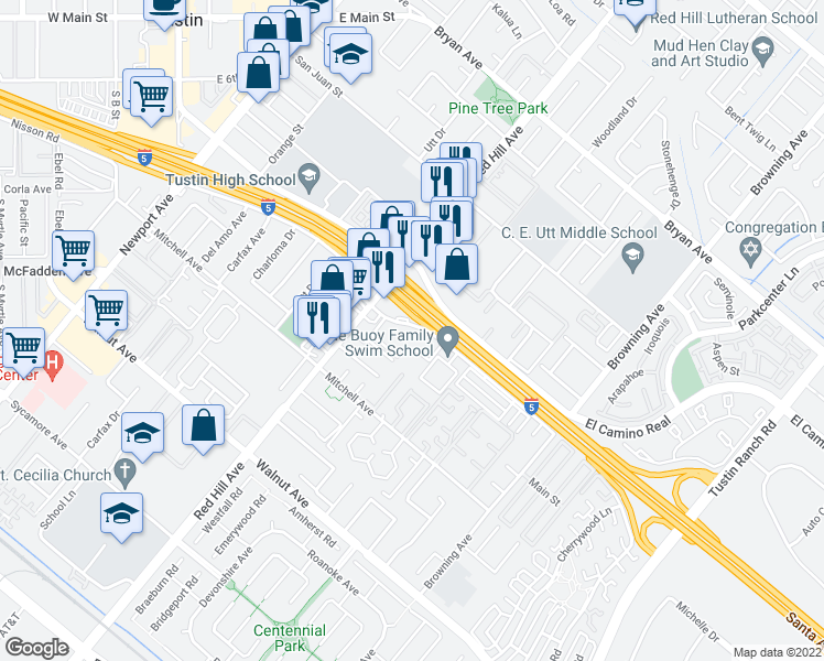map of restaurants, bars, coffee shops, grocery stores, and more near 62 Nisson Road in Tustin