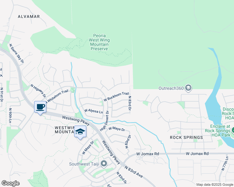 map of restaurants, bars, coffee shops, grocery stores, and more near 8356 West Buckhorn Trail in Peoria