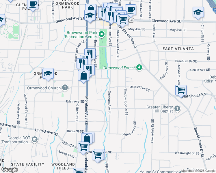 map of restaurants, bars, coffee shops, grocery stores, and more near 819 Gresham Avenue Southeast in Atlanta