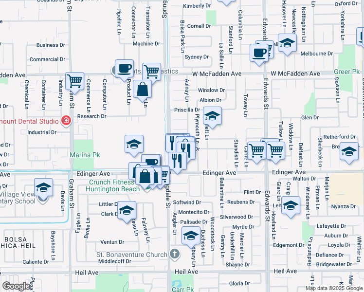map of restaurants, bars, coffee shops, grocery stores, and more near 6061 Royalist Drive in Huntington Beach