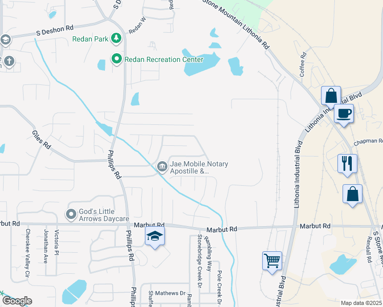 map of restaurants, bars, coffee shops, grocery stores, and more near 6452 Phillips Creek Drive in Lithonia