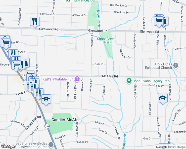 map of restaurants, bars, coffee shops, grocery stores, and more near 2934 McAfee Road in Decatur