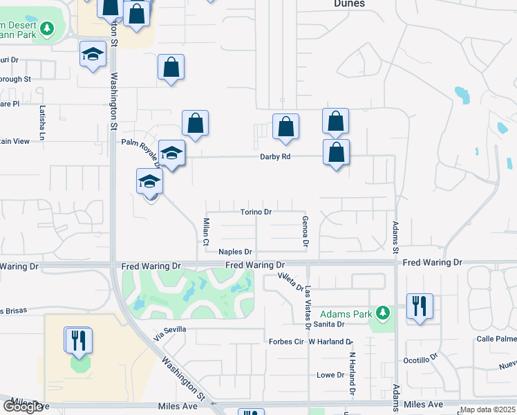 map of restaurants, bars, coffee shops, grocery stores, and more near 43677 Salerno Court in La Quinta