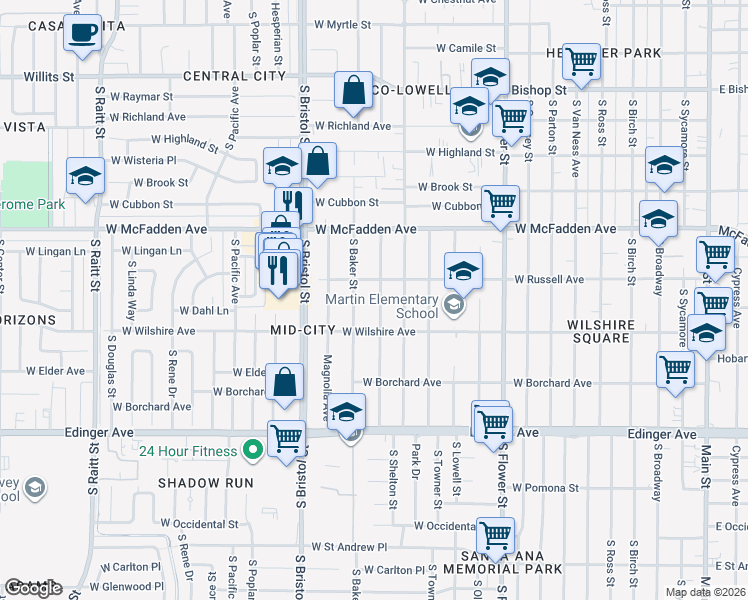map of restaurants, bars, coffee shops, grocery stores, and more near 1218 South Rosewood Avenue in Santa Ana