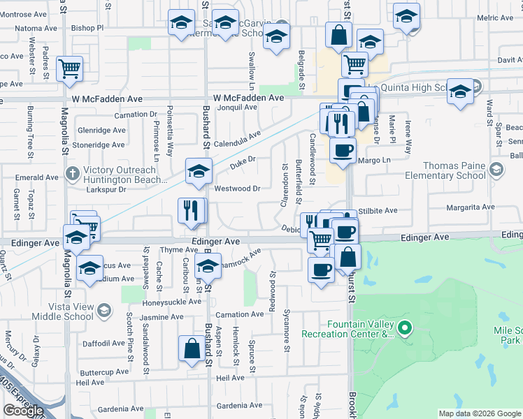 map of restaurants, bars, coffee shops, grocery stores, and more near 15892 Overton Street in Fountain Valley