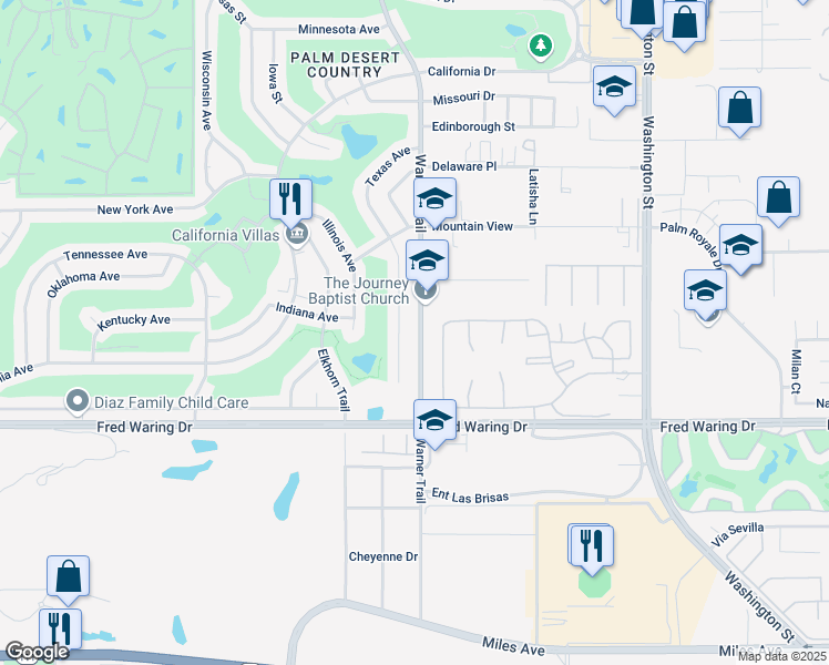 map of restaurants, bars, coffee shops, grocery stores, and more near 43565 Warner Trail in Palm Desert