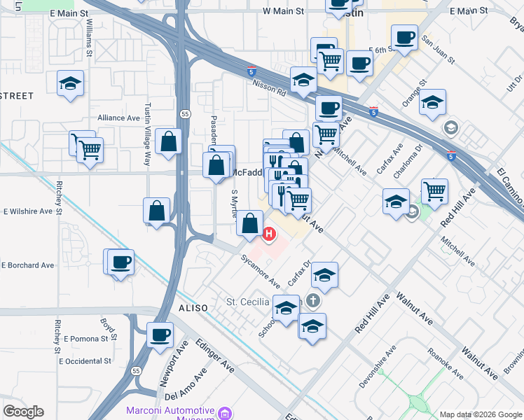 map of restaurants, bars, coffee shops, grocery stores, and more near 17220 McFadden Avenue in Tustin