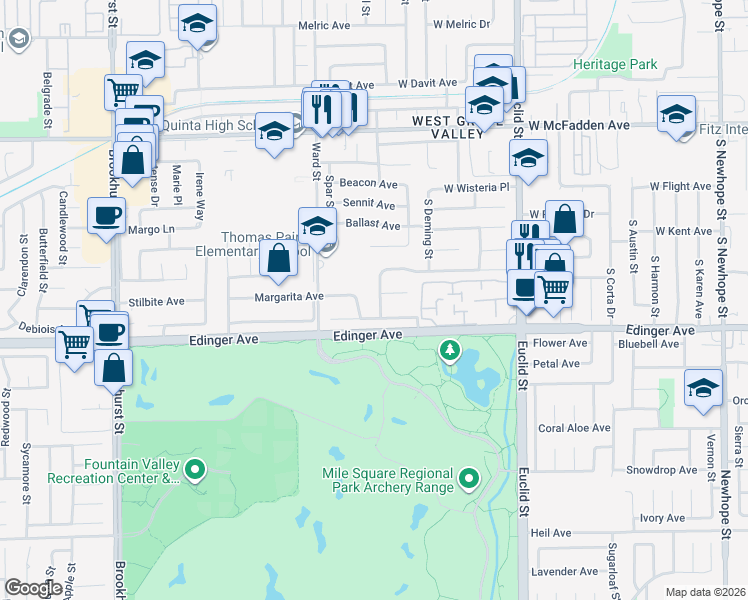 map of restaurants, bars, coffee shops, grocery stores, and more near 15915 Los Reyes Street in Fountain Valley