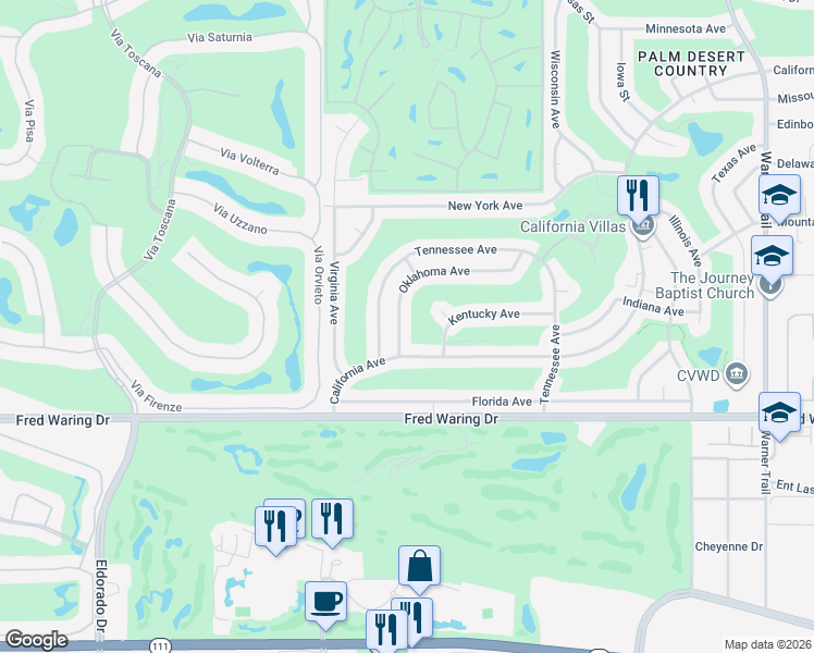 map of restaurants, bars, coffee shops, grocery stores, and more near 76739 Oklahoma Avenue in Palm Desert