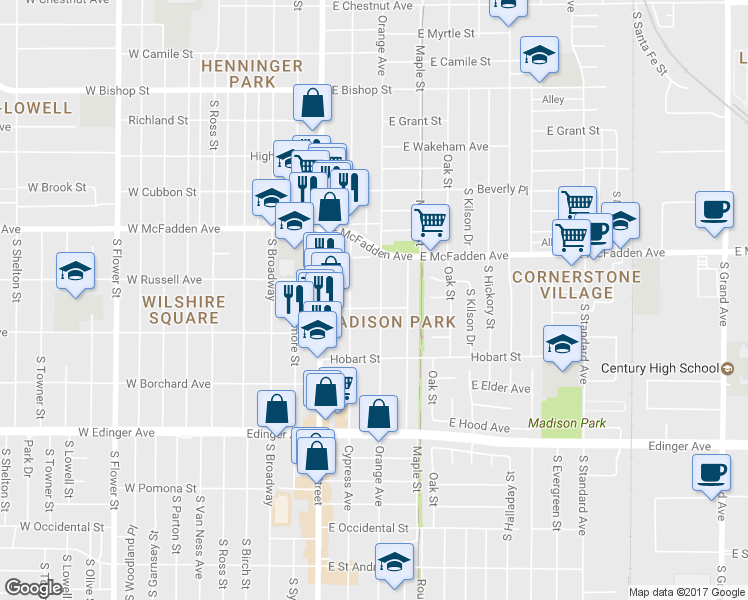 map of restaurants, bars, coffee shops, grocery stores, and more near 1242 Orange Avenue in Santa Ana