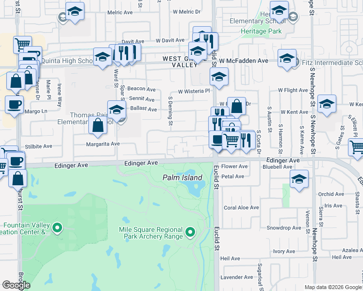 map of restaurants, bars, coffee shops, grocery stores, and more near 10810 Rexbon Court in Fountain Valley