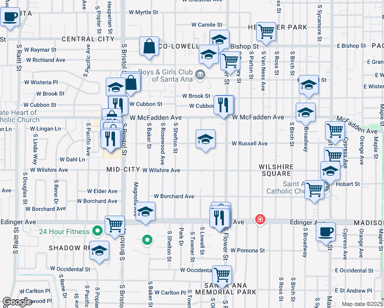map of restaurants, bars, coffee shops, grocery stores, and more near 1217 South Towner Street in Santa Ana