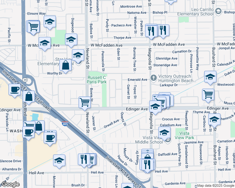 map of restaurants, bars, coffee shops, grocery stores, and more near 15892 Plumwood Street in Westminster