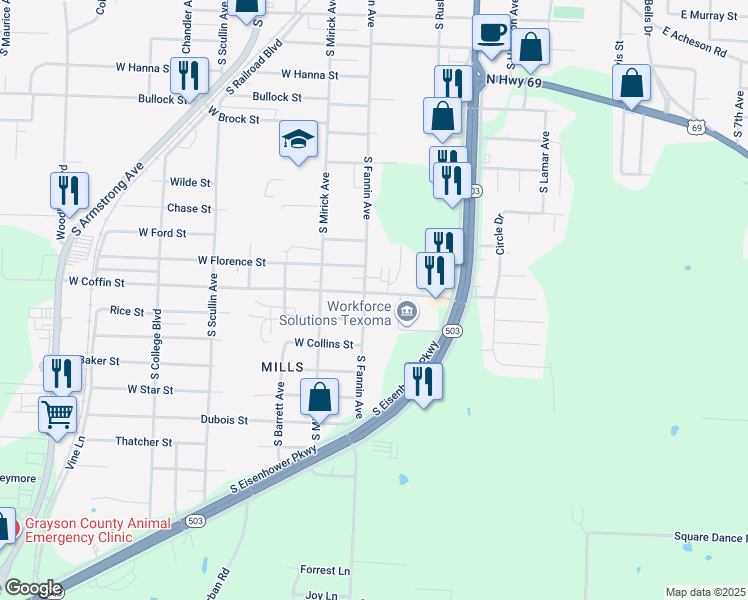 map of restaurants, bars, coffee shops, grocery stores, and more near 410 West Coffin Street in Denison
