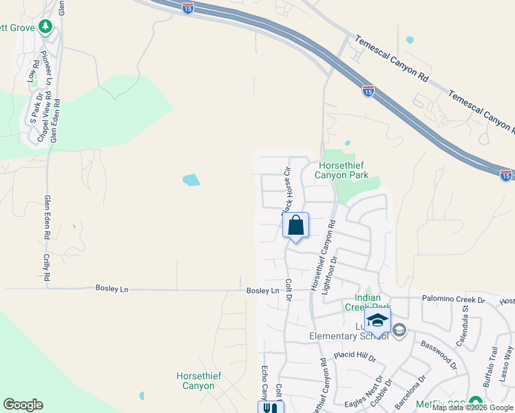 map of restaurants, bars, coffee shops, grocery stores, and more near 26703 Spotted Pony Drive in Corona