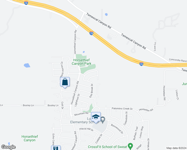 map of restaurants, bars, coffee shops, grocery stores, and more near 26681 Dry Falls Drive in Corona