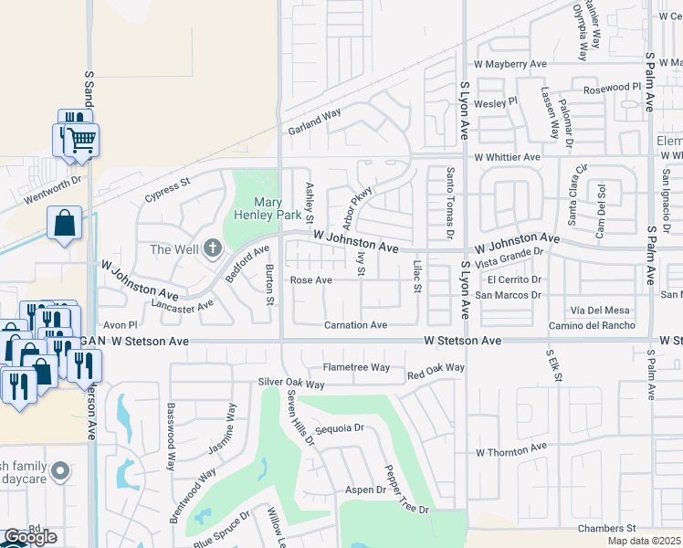 map of restaurants, bars, coffee shops, grocery stores, and more near 2368 Rose Avenue in Hemet