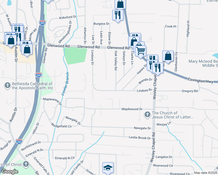 map of restaurants, bars, coffee shops, grocery stores, and more near 4128 Lindsey Drive in Decatur