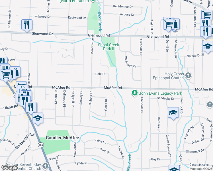 map of restaurants, bars, coffee shops, grocery stores, and more near 2962 McAfee Road in Decatur