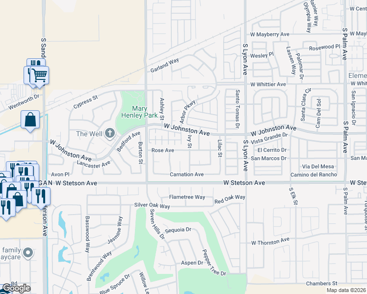 map of restaurants, bars, coffee shops, grocery stores, and more near 2348 Rose Avenue in Hemet