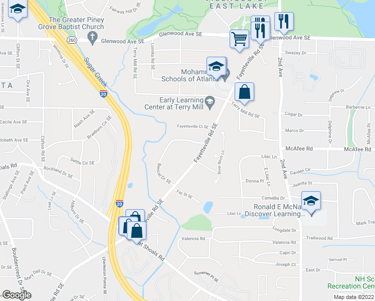 map of restaurants, bars, coffee shops, grocery stores, and more near 883 Fayetteville Road Southeast in Atlanta