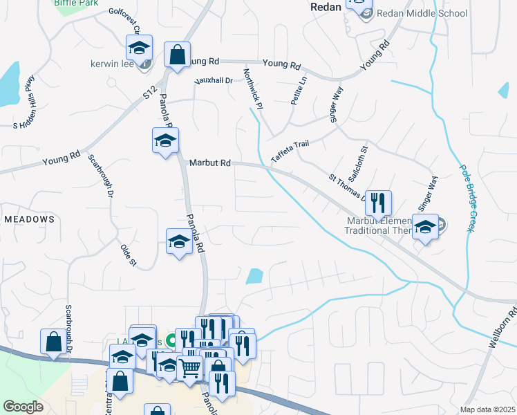 map of restaurants, bars, coffee shops, grocery stores, and more near 2014 Marbut Forest Drive in Lithonia