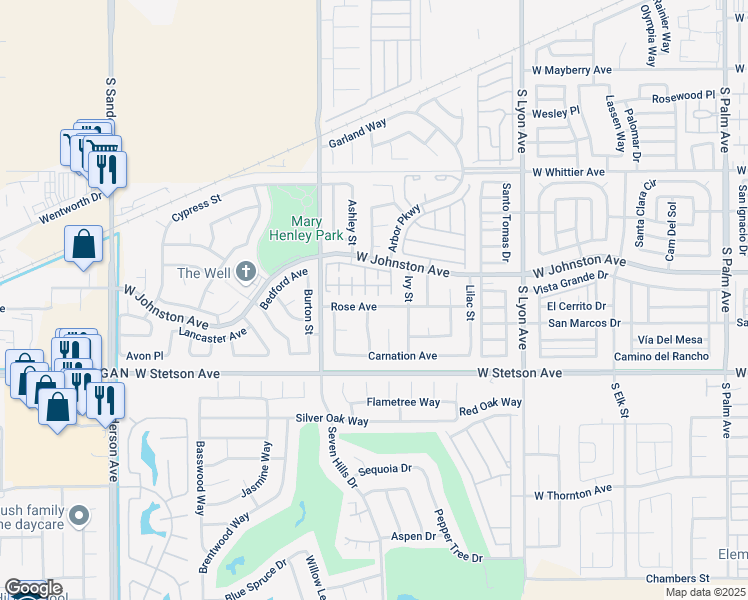 map of restaurants, bars, coffee shops, grocery stores, and more near 2398 Rose Avenue in Hemet