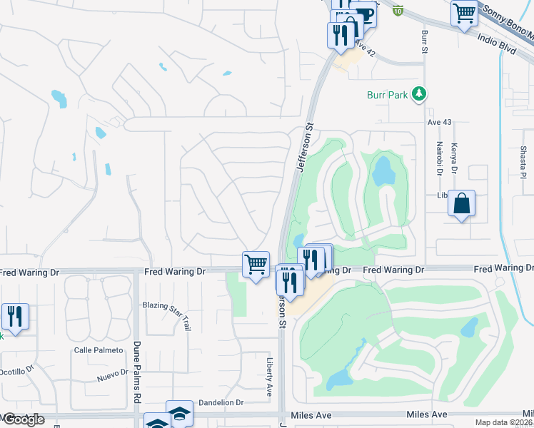 map of restaurants, bars, coffee shops, grocery stores, and more near 43625 Parkway Esplanade South in La Quinta