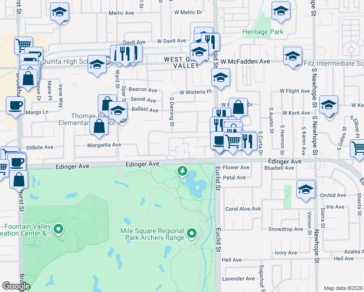 map of restaurants, bars, coffee shops, grocery stores, and more near 10814 Rexbon Court in Fountain Valley