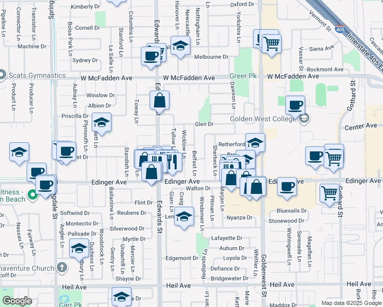 map of restaurants, bars, coffee shops, grocery stores, and more near 15861 Belfast Lane in Huntington Beach