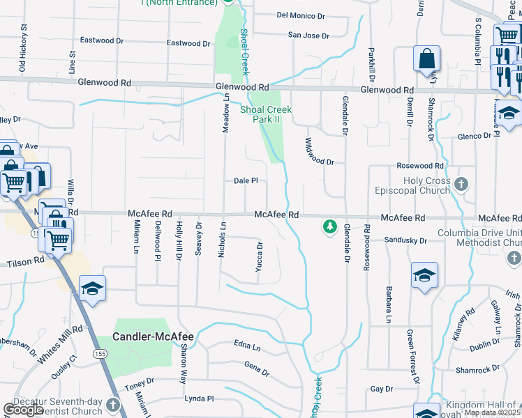 map of restaurants, bars, coffee shops, grocery stores, and more near 2962 McAfee Road in Decatur