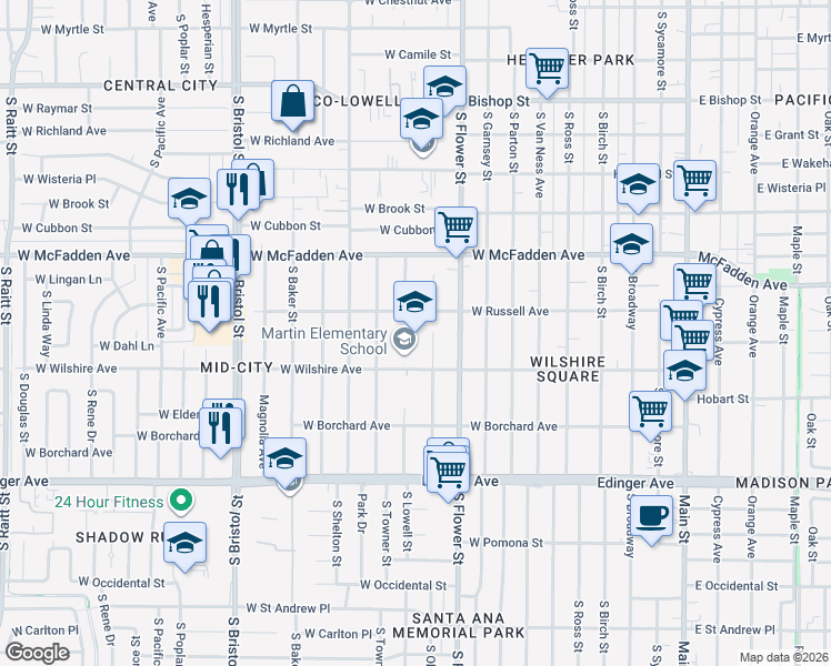 map of restaurants, bars, coffee shops, grocery stores, and more near 939 West Wilshire Avenue in Santa Ana