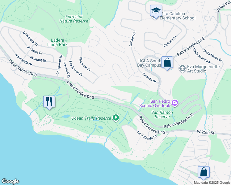 map of restaurants, bars, coffee shops, grocery stores, and more near 3355 Palo Vista Drive in Rancho Palos Verdes