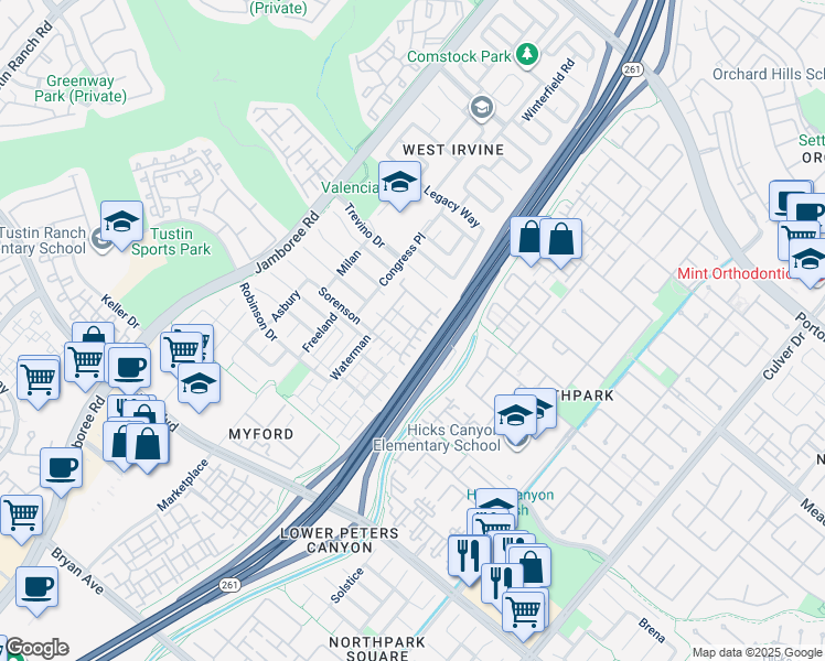 map of restaurants, bars, coffee shops, grocery stores, and more near 80 Glen Arbor in Irvine